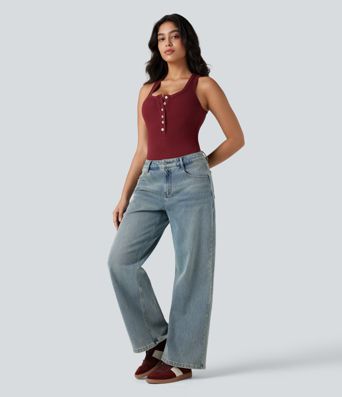 Ribbed Knit Henley Sleeveless Slim Casual Top