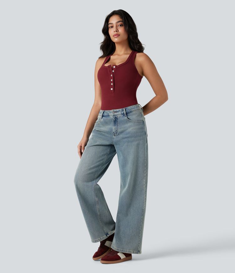 Ribbed Knit Henley Sleeveless Slim Casual Top