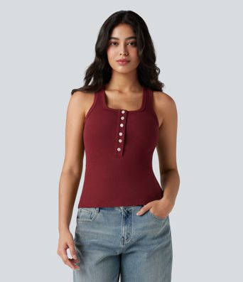 Ribbed Knit Henley Sleeveless Slim Casual Top