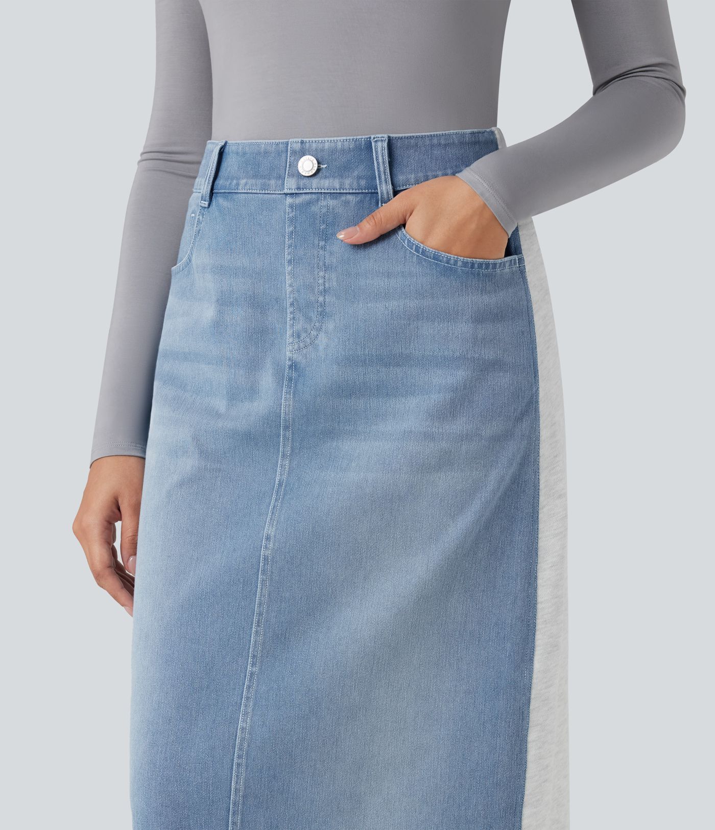 Halara Flex™ High Waisted Split Midi Color Block Denim Casual Skirt with Pockets