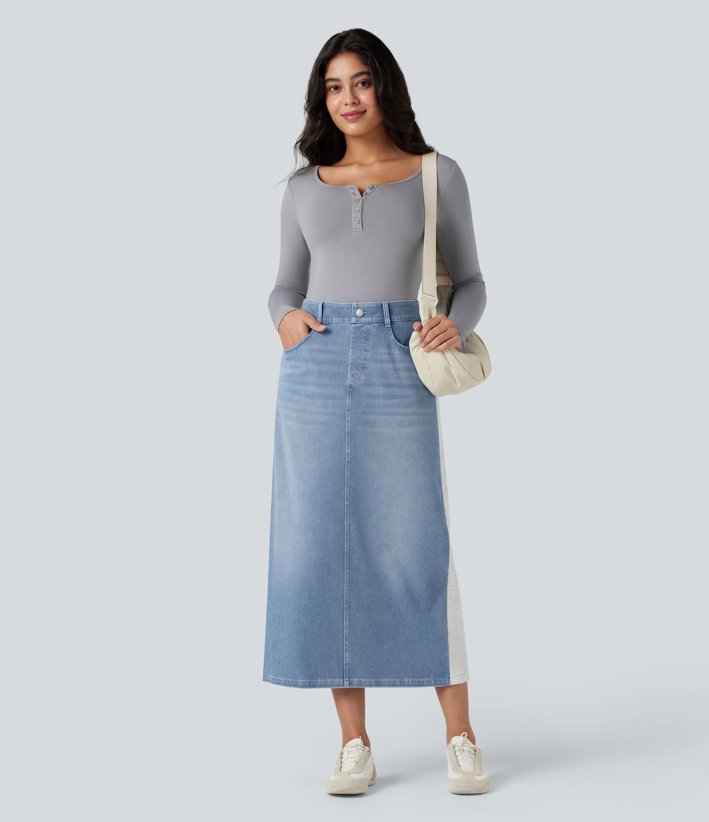 Halara Flex™ High Waisted Split Midi Color Block Denim Casual Skirt with Pockets