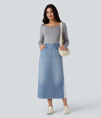 Halara Flex™ High Waisted Split Midi Color Block Denim Casual Skirt with Pockets