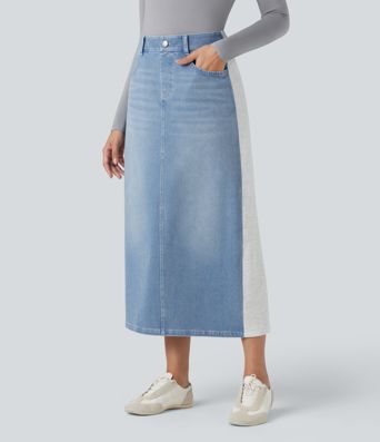 Halara Flex™ High Waisted Split Midi Color Block Denim Casual Skirt with Pockets