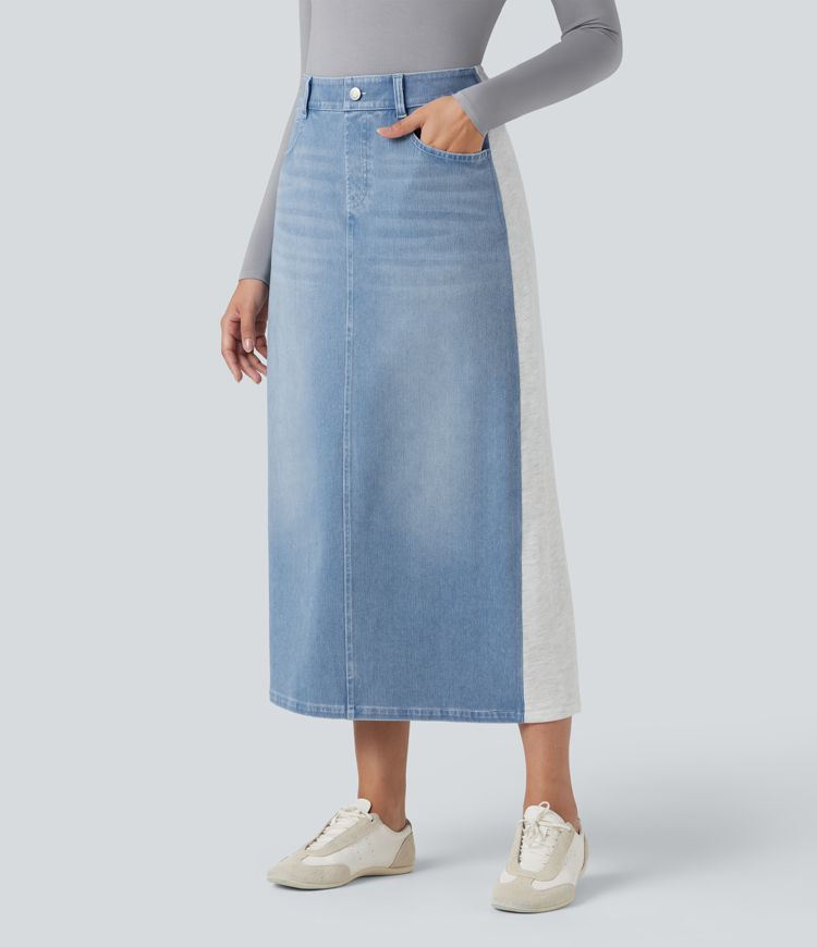 Halara Flex™ High Waisted Split Midi Color Block Denim Casual Skirt with Pockets