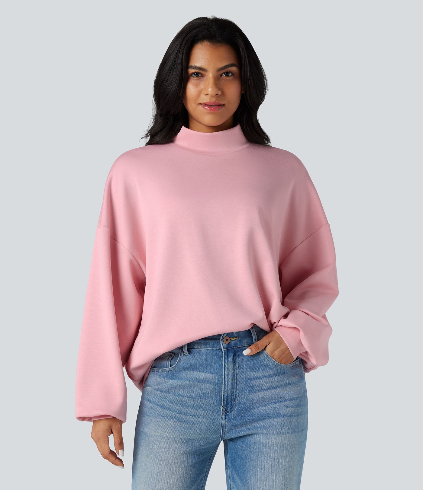 Mock-neck Relaxed Casual Sweatshirt with Pockets