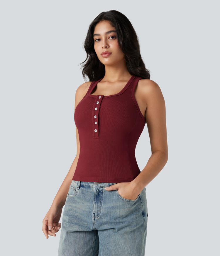 Ribbed Knit Henley Sleeveless Slim Casual Top