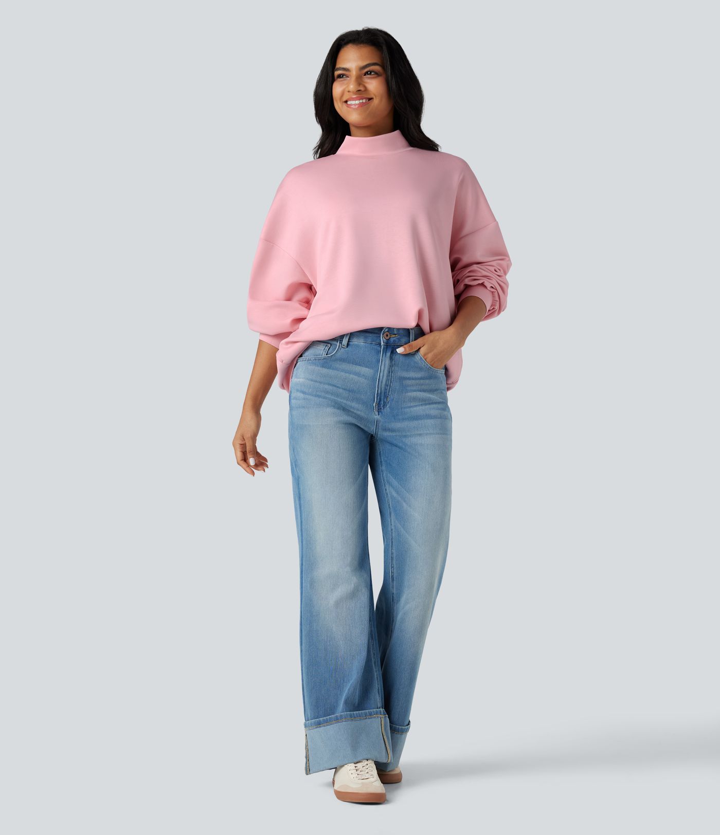 Mock-neck Relaxed Casual Sweatshirt with Pockets