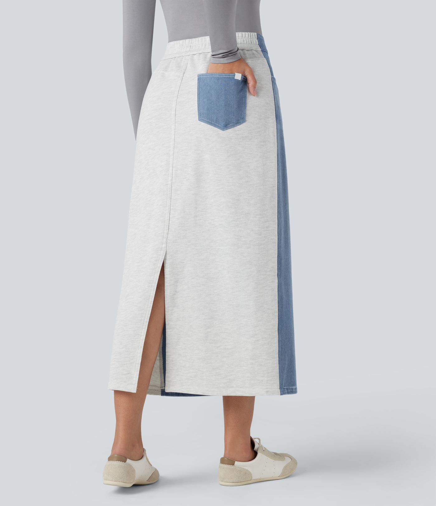 Halara Flex™ High Waisted Split Midi Color Block Denim Casual Skirt with Pockets
