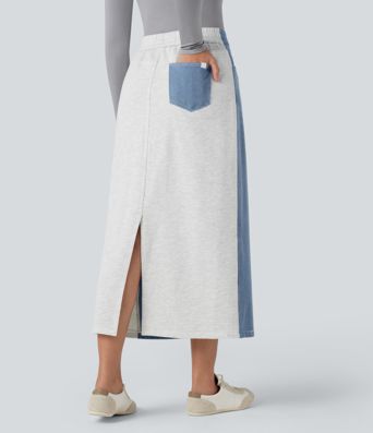 Halara Flex™ High Waisted Split Midi Color Block Denim Casual Skirt with Pockets