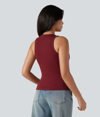 Ribbed Knit Henley Sleeveless Slim Casual Top