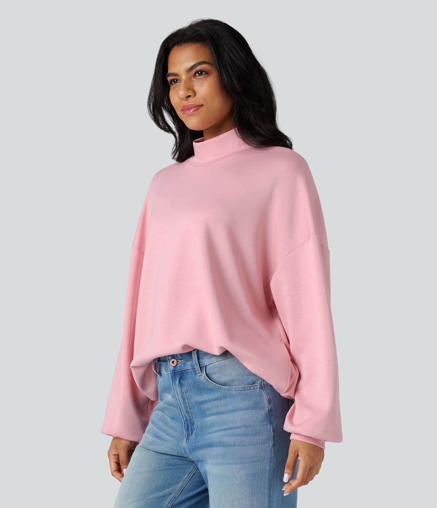 Mock-neck Relaxed Casual Sweatshirt with Pockets