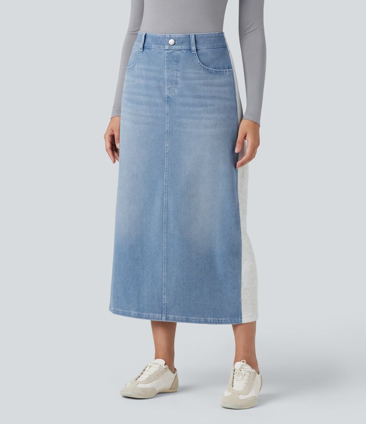 Jupe mi-longue denim Halara Flex™ color block fendue taille haute avec poches