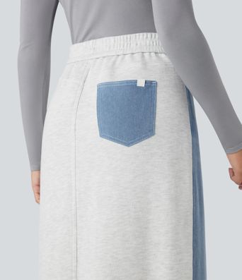 Halara Flex™ High Waisted Split Midi Color Block Denim Casual Skirt with Pockets