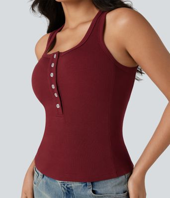 Ribbed Knit Henley Sleeveless Slim Casual Top