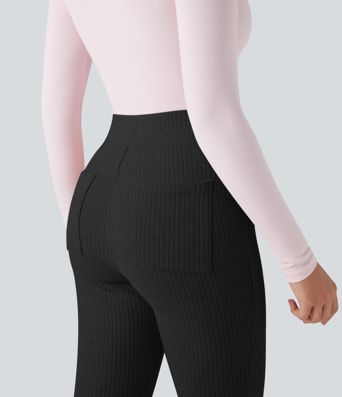 Ribbed Knit High-waisted Lounging 7/8 Fleece Legging with Pockets