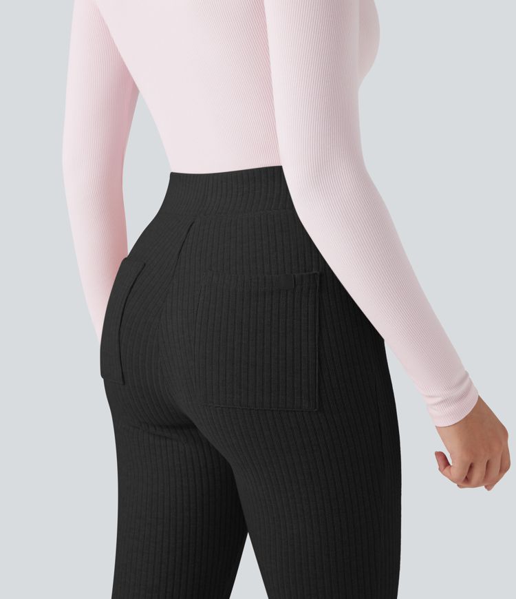 Ribbed Knit High-waisted Lounging 7/8 Fleece Legging with Pockets