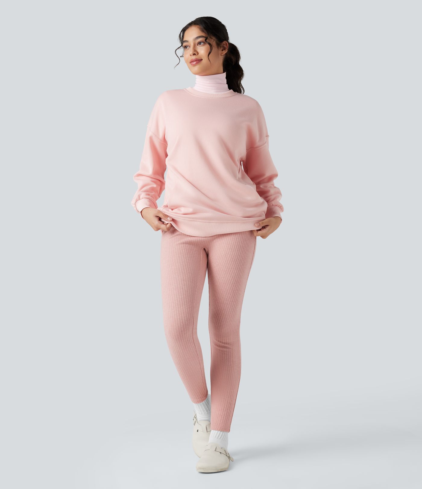 Ribbed Knit High-waisted Lounging 7/8 Fleece Legging with Pockets