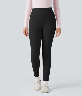 Ribbed Knit High-waisted Lounging 7/8 Fleece Legging with Pockets