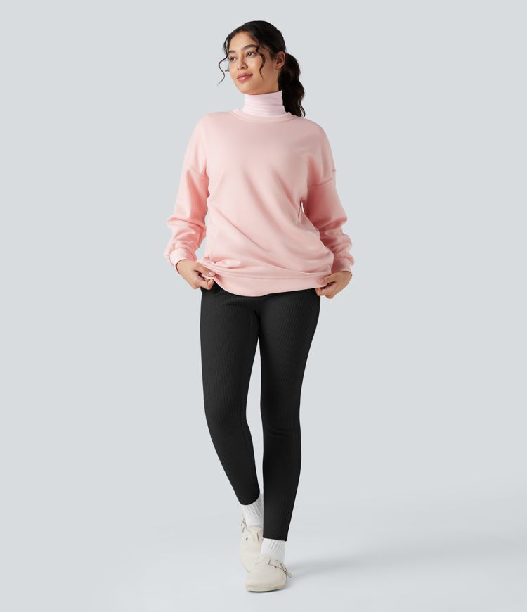 Ribbed Knit High-waisted Lounging 7/8 Fleece Legging with Pockets