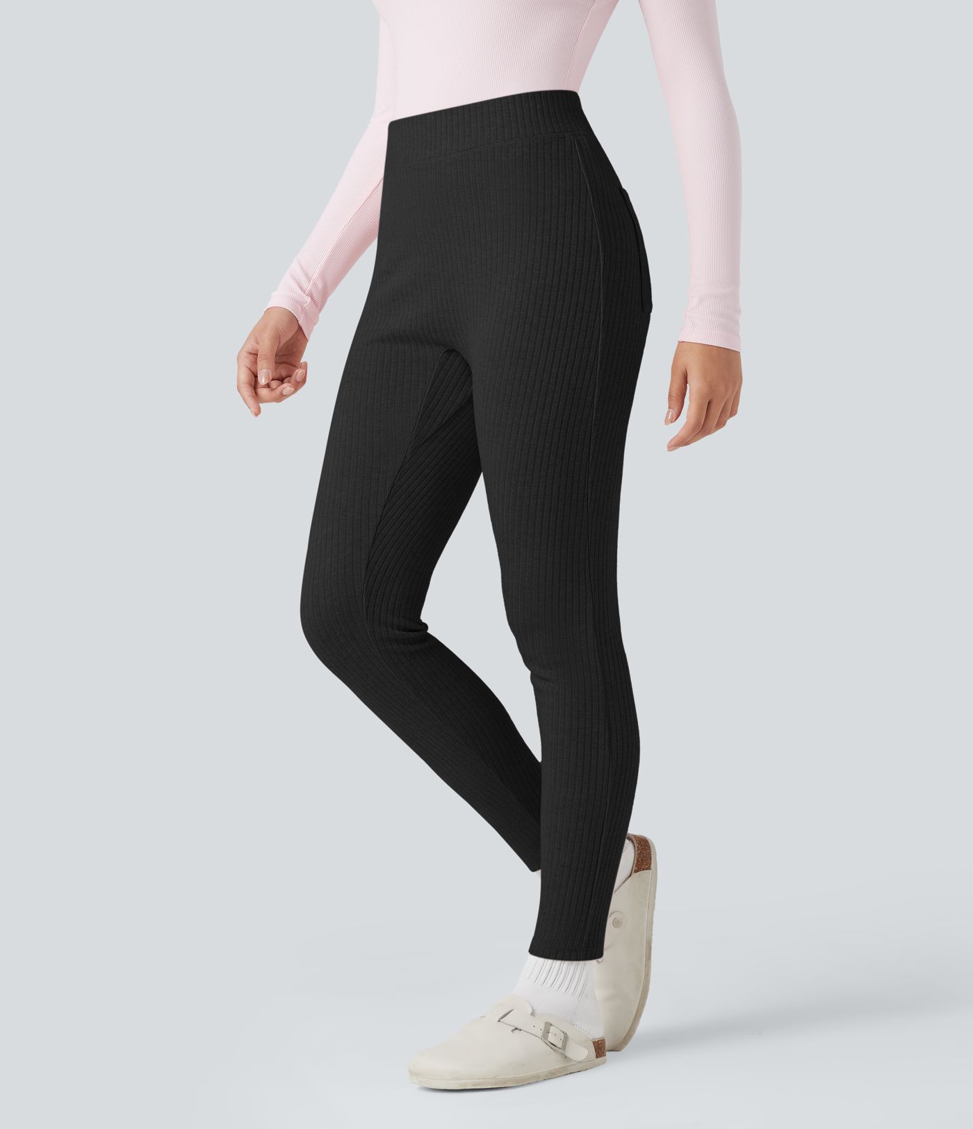 Ribbed Knit High-waisted Lounging 7/8 Fleece Legging with Pockets