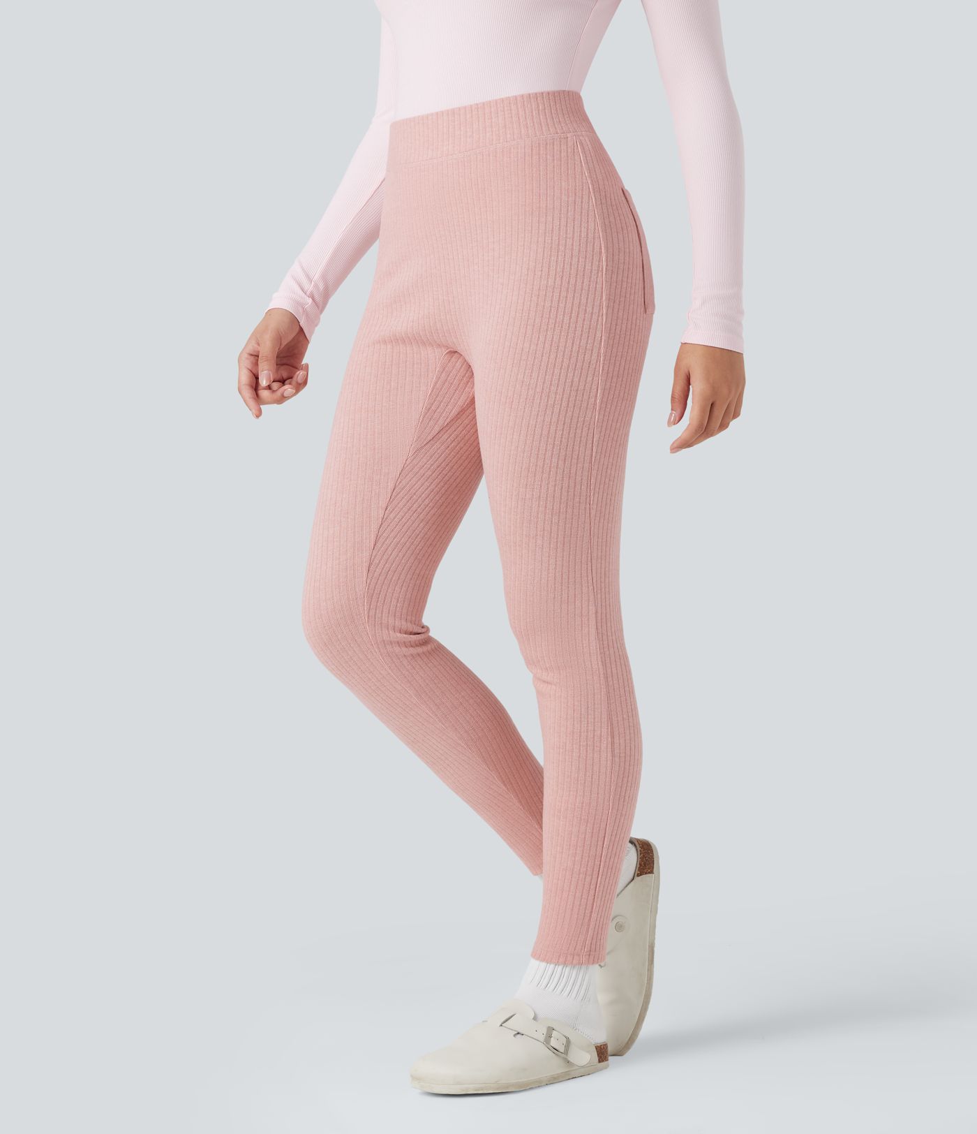Ribbed Knit High-waisted Lounging 7/8 Fleece Legging with Pockets