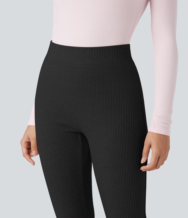 Ribbed Knit High-waisted Lounging 7/8 Fleece Legging with Pockets