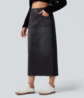 Halara Flex™ High Waisted Split Midi Color Block Denim Casual Skirt with Pockets