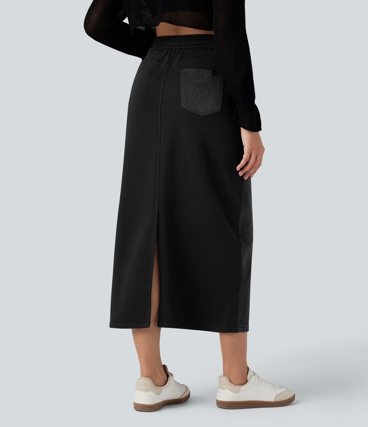 Halara Flex™ High Waisted Split Midi Color Block Denim Casual Skirt with Pockets