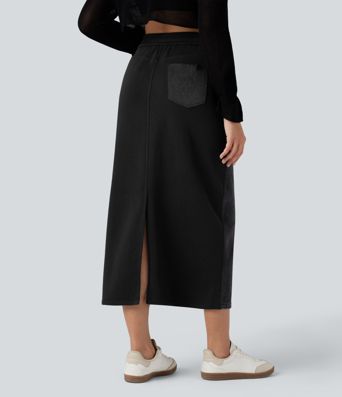 Halara Flex™ High Waisted Split Midi Color Block Denim Casual Skirt with Pockets