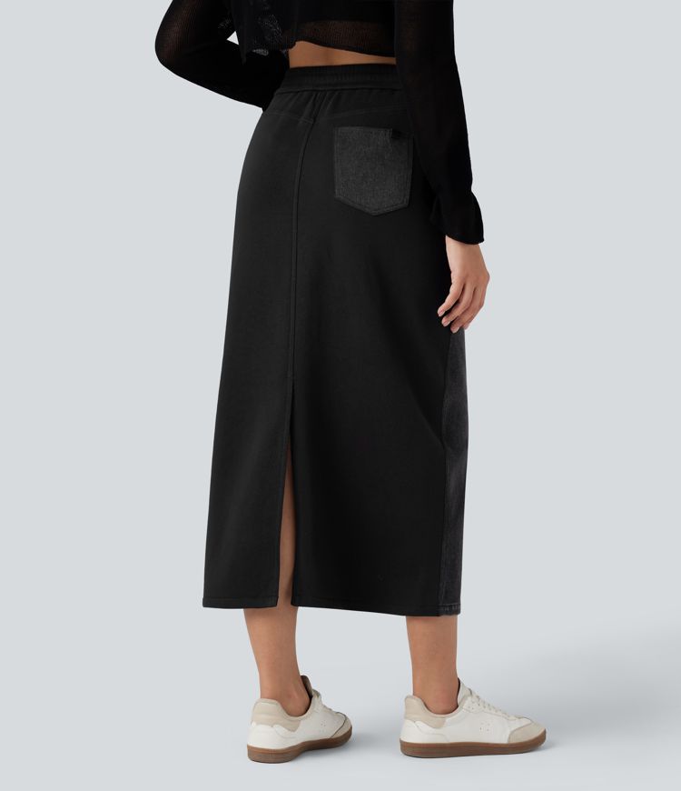 Halara Flex™ High Waisted Split Midi Color Block Denim Casual Skirt with Pockets