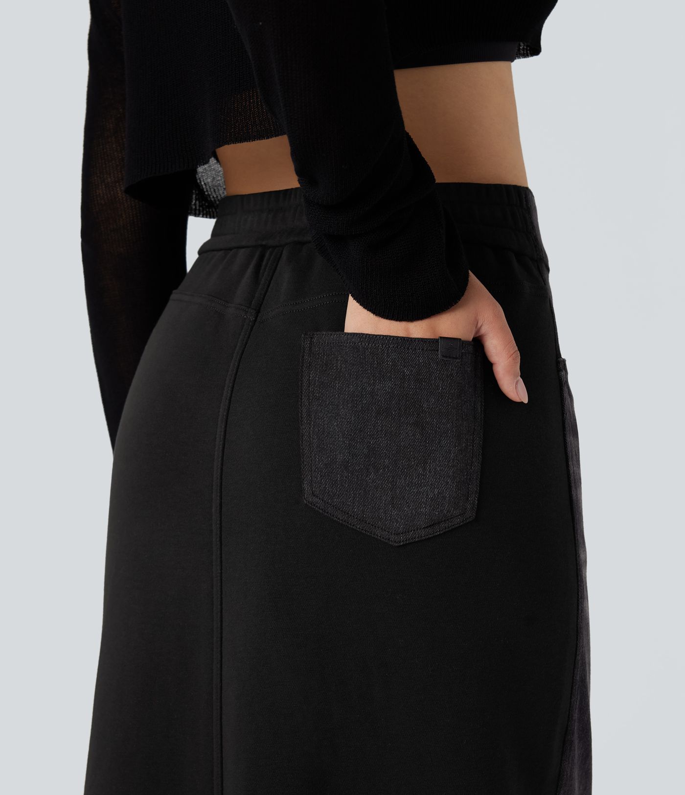 Halara Flex™ High Waisted Split Midi Color Block Denim Casual Skirt with Pockets