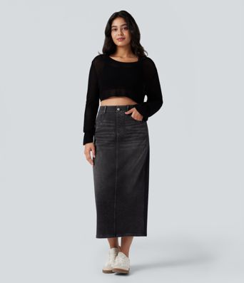 Halara Flex™ High Waisted Split Midi Color Block Denim Casual Skirt with Pockets