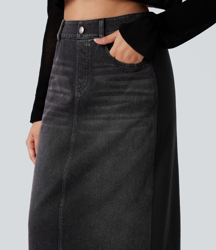 Halara Flex™ High Waisted Split Midi Color Block Denim Casual Skirt with Pockets
