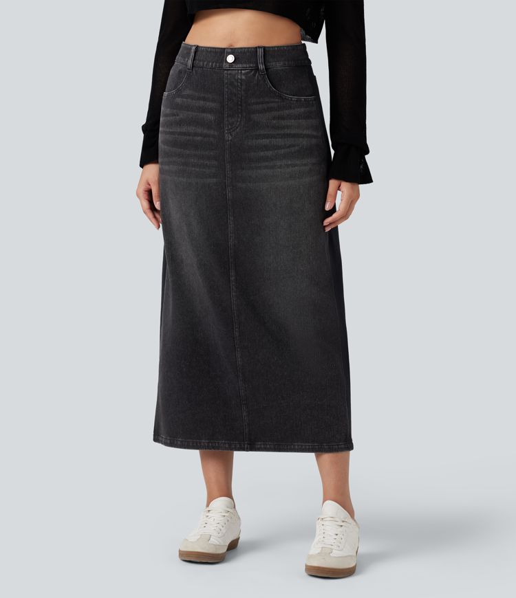 Halara Flex™ High Waisted Split Midi Color Block Denim Casual Skirt with Pockets