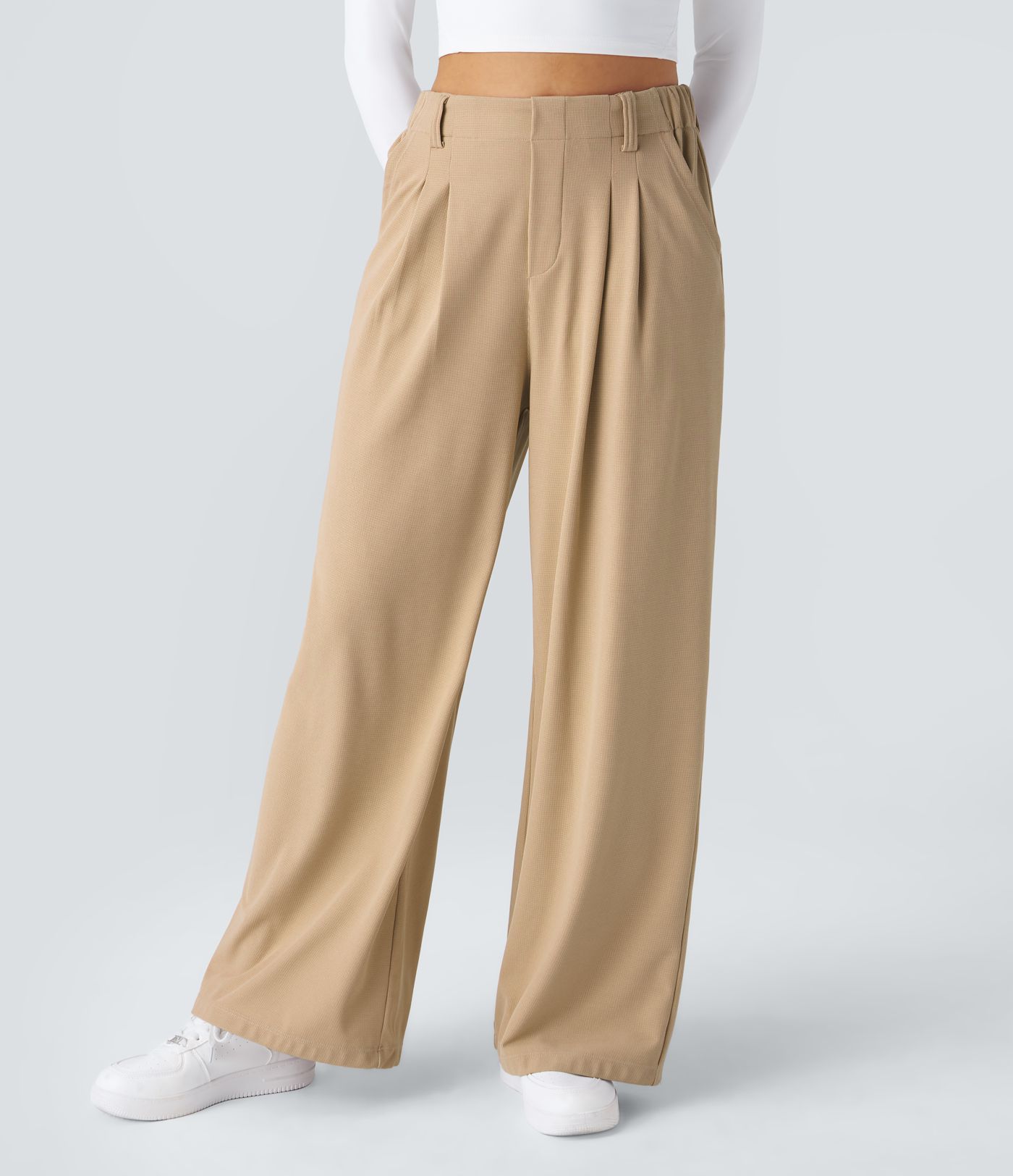 Pantalones Halara Flex™ de oficina anchos plisados de tiro alto con bolsillos en tela tipo gofre