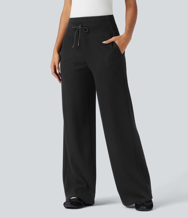 Ribbed Knit High Waisted Tummy Control Drawstring Casual Wide Leg Trousers with Pockets