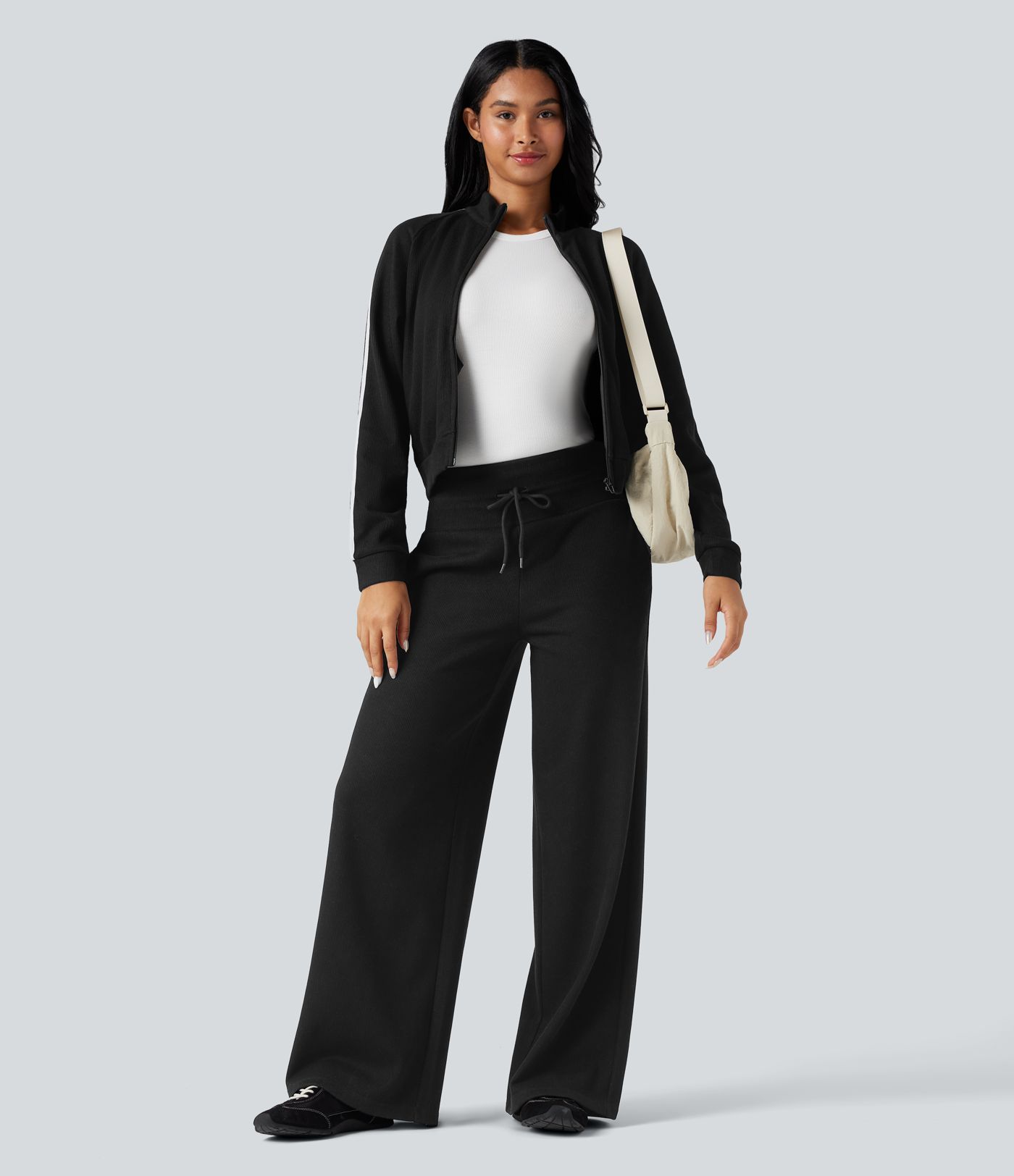 Ribbed Knit High Waisted Tummy Control Drawstring Casual Wide Leg Trousers with Pockets