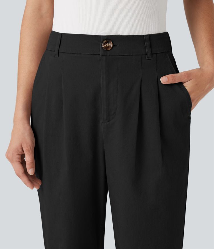Pantalon coton coupe ajustée taille haute avec poches