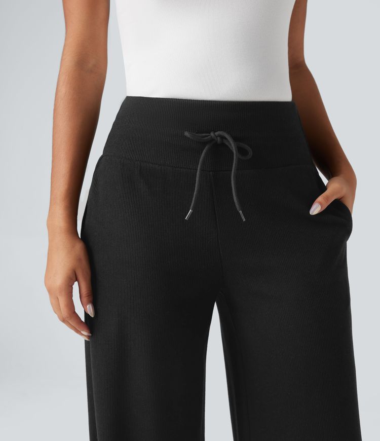 Ribbed Knit High Waisted Tummy Control Drawstring Casual Wide Leg Trousers with Pockets