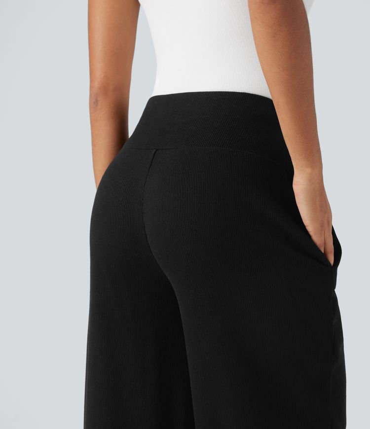 Ribbed Knit High Waisted Tummy Control Drawstring Casual Wide Leg Trousers with Pockets