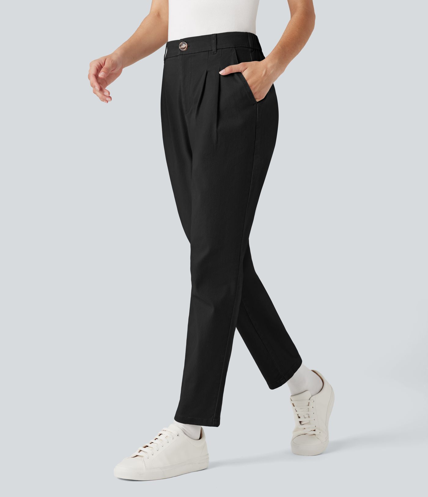 High Waisted Slim Casual Chino Cotton Pants with Pockets