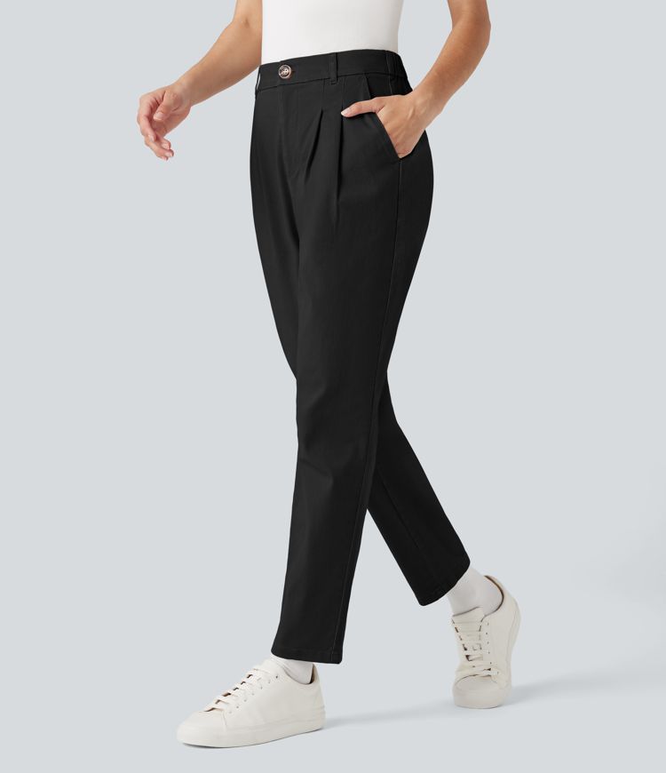 High Waisted Slim Casual Chino Cotton Pants with Pockets