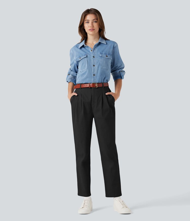 Pantalon coton coupe ajustée taille haute avec poches