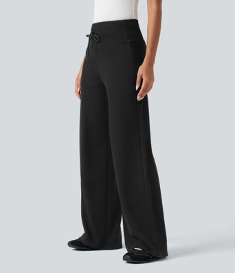 Ribbed Knit High Waisted Tummy Control Drawstring Casual Wide Leg Trousers with Pockets