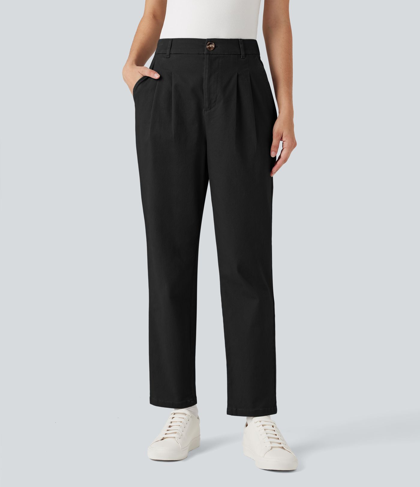 Pantalon coton coupe ajustée taille haute avec poches
