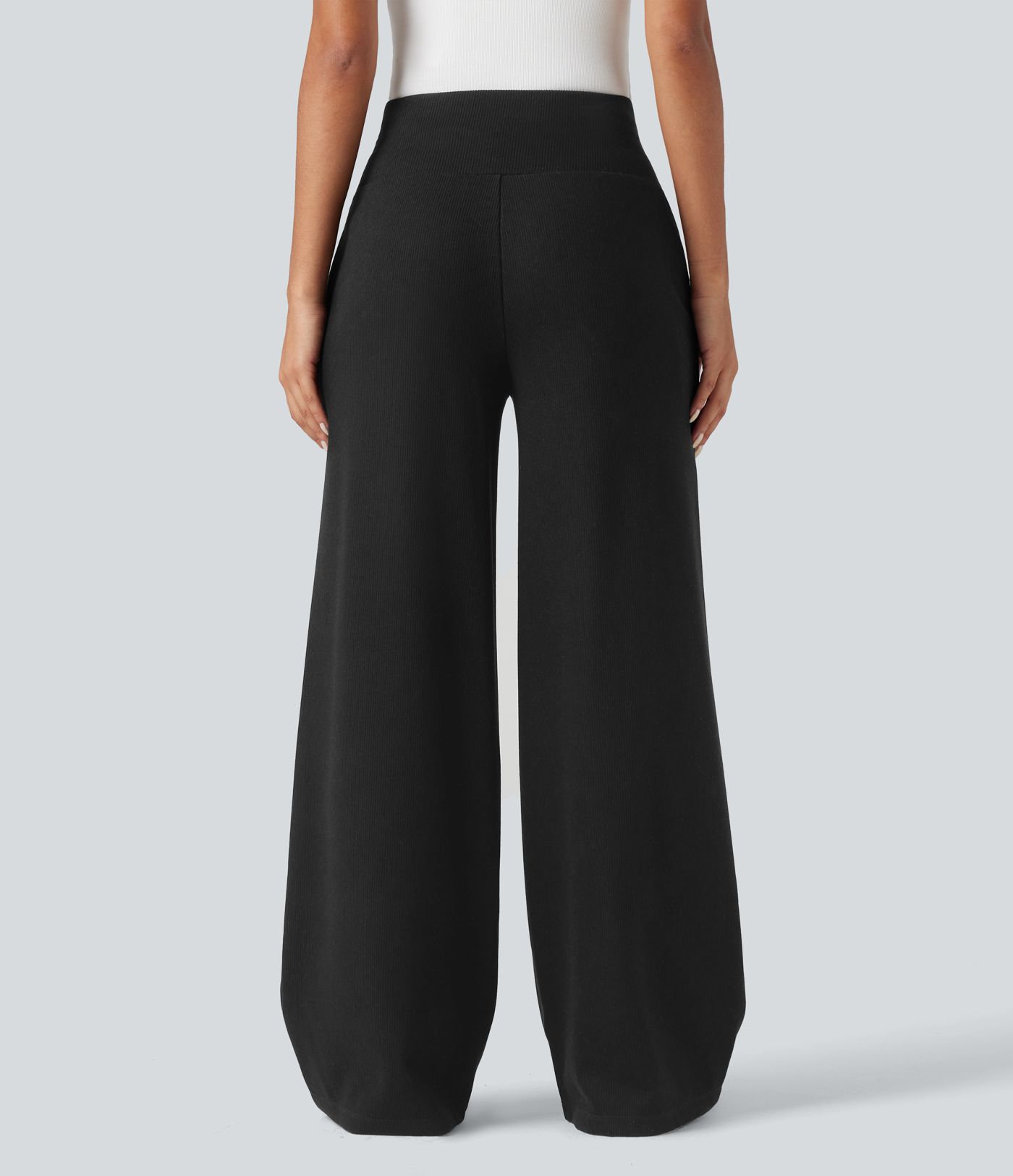 Ribbed Knit High Waisted Tummy Control Drawstring Casual Wide Leg Trousers with Pockets