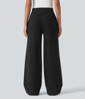 Ribbed Knit High Waisted Tummy Control Drawstring Casual Wide Leg Trousers with Pockets
