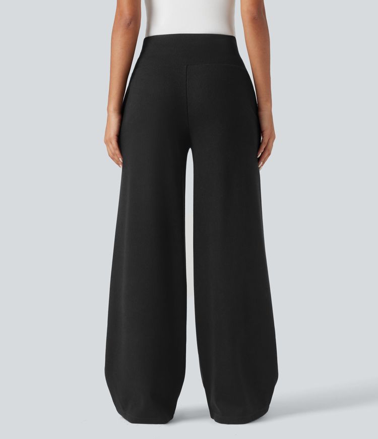 Ribbed Knit High Waisted Tummy Control Drawstring Casual Wide Leg Trousers with Pockets
