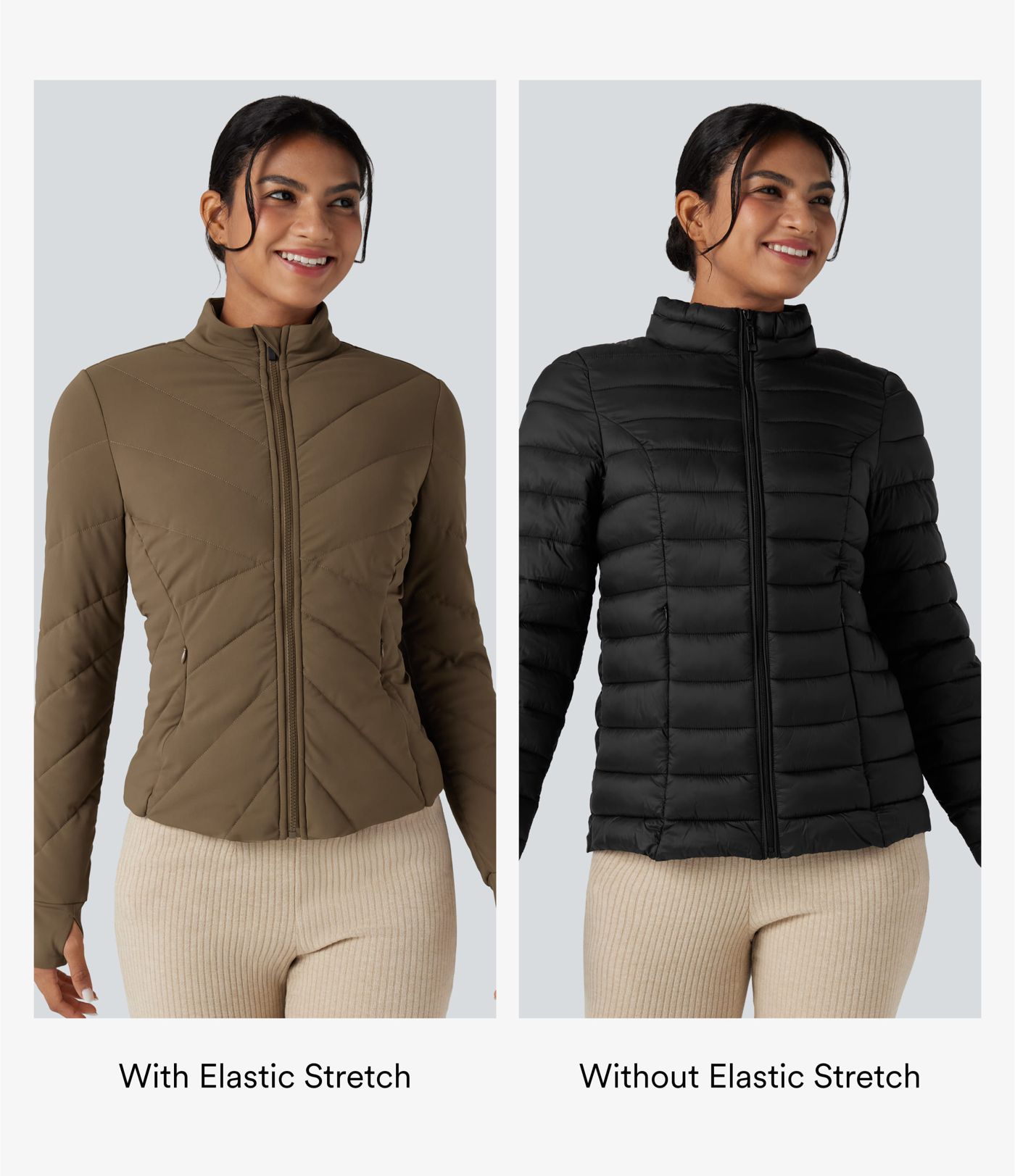 PuffFlex Stand Collar Long Sleeve Thumb Hole Casual Quilted Jacket with Pockets