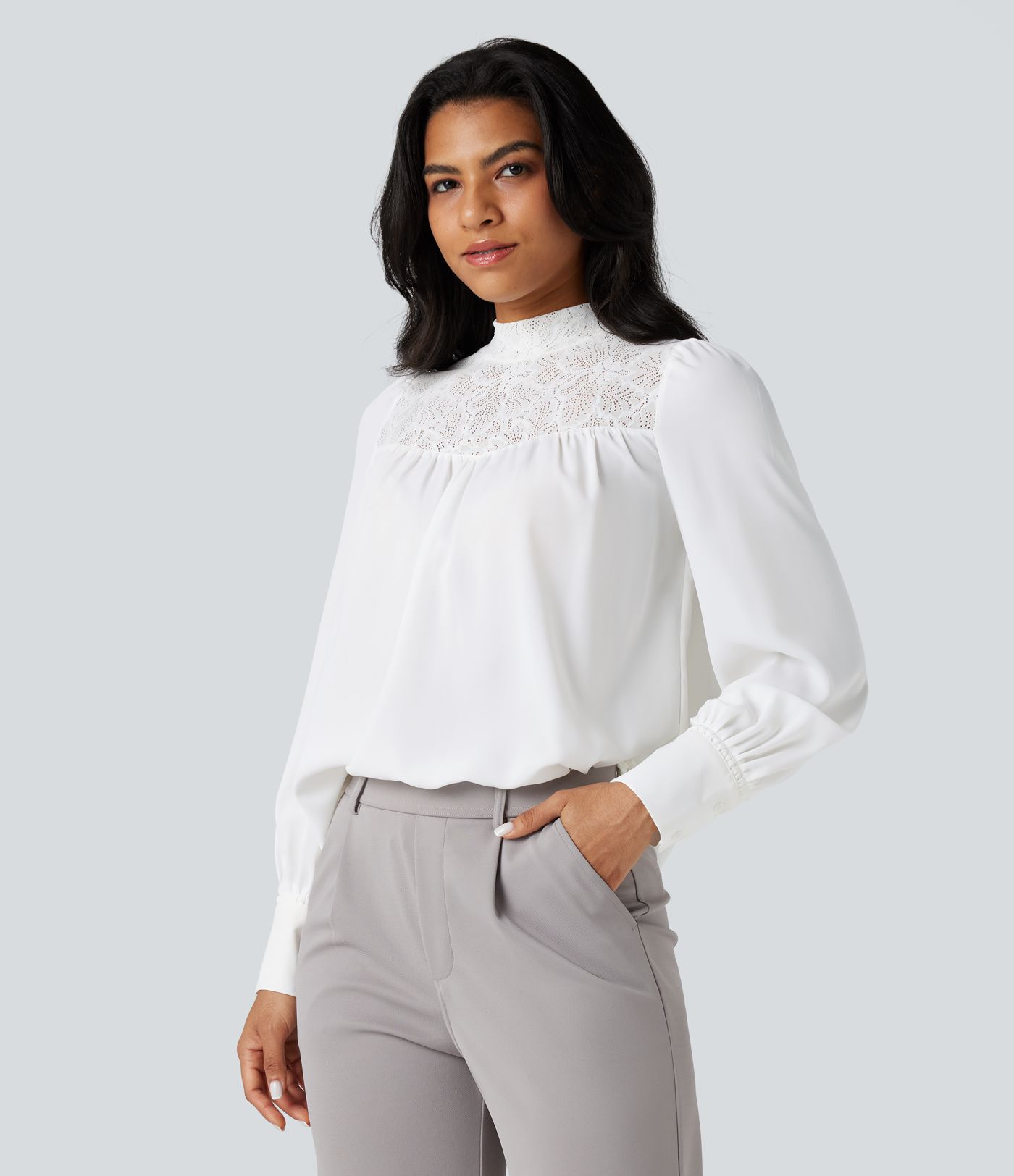 Mock Neck Long Sleeve Contrast Lace Work Shirt
